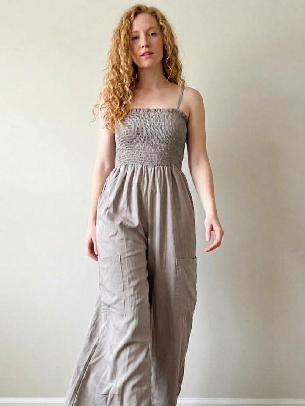 Gray Taupe Wide-Leg Smocked Jumpsuit